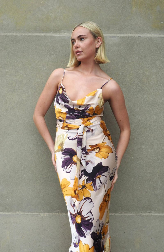 Cowl neck strappy floral printed occasion wear dress.