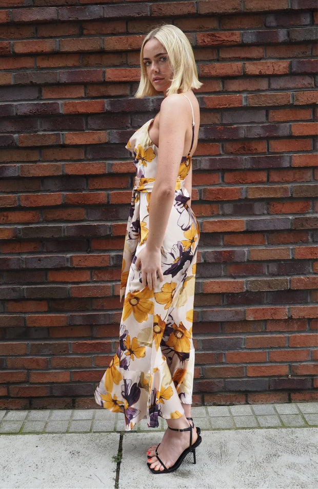 Cowl neck strappy floral printed occasion wear dress.