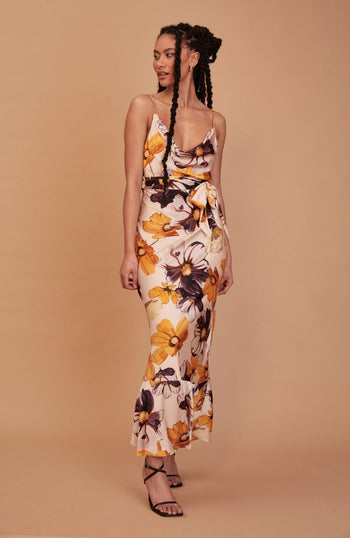 floral print wedding guest dress with cowl neck and waist sash