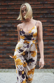 Cowl neck strappy floral printed occasion wear dress.