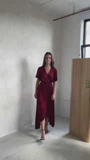 Florence wrap satin bridesmaids occasion wear dress in red burgundy.