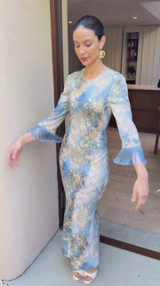 Dolly Fringe Long Sleeve Dress in Blue Print