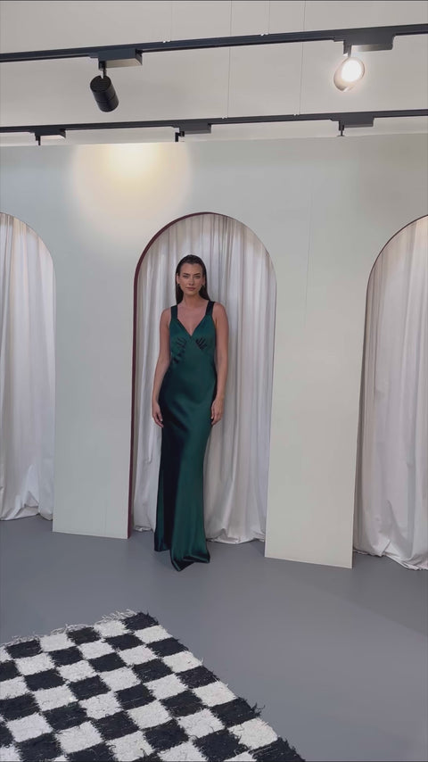 Amelia Dress in Forest Green Satin SAMPLE SALE