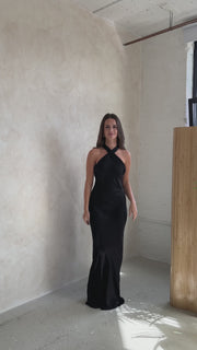 Black satin halterneck dress for bridesmaids and occasion wear.