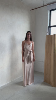 Champagne satin strappy slip bridesmaids occasion wear dress.