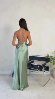 Brooklyn Dress in Sage Green Satin