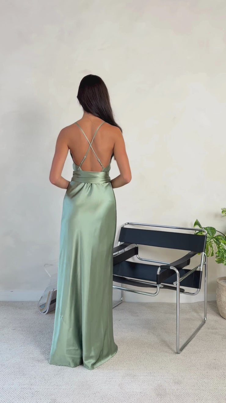 Brooklyn Dress in Sage Green Satin