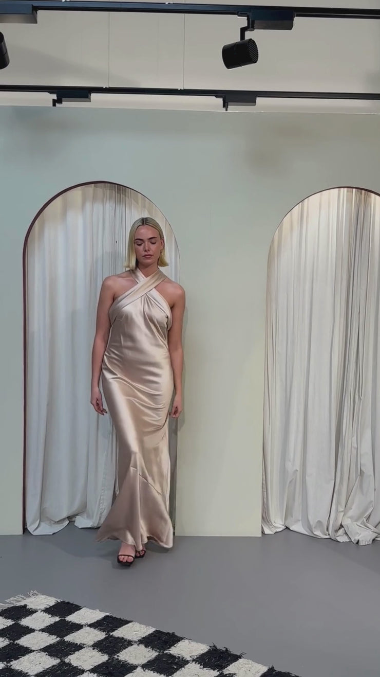 Roma Champagne Satin Bridesmaid Dress | Halterneck Maxi | Sizes 8–22