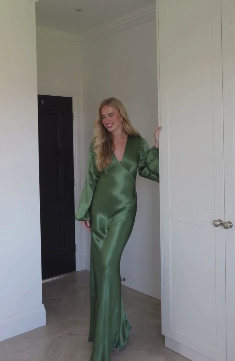 knee length dresses for ladies Valencia Long Sleeve Bridesmaids Dress in Olive Green