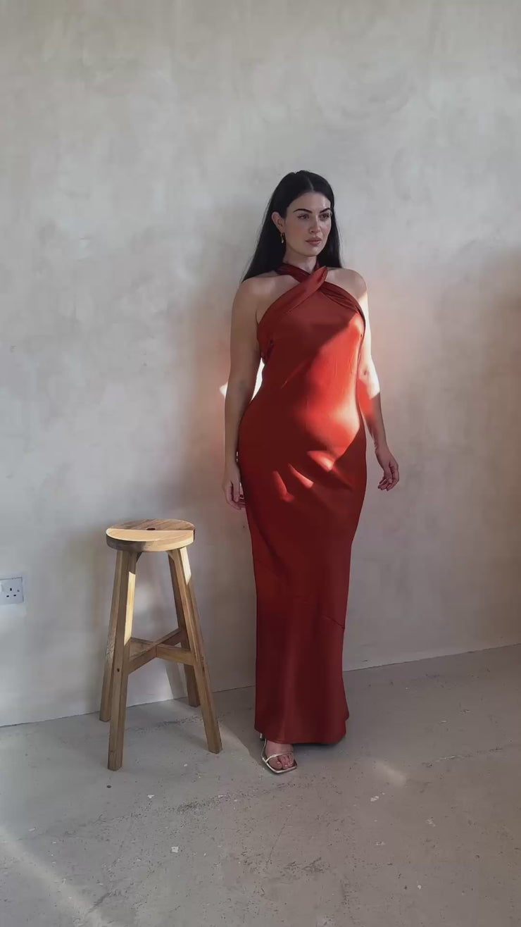 Roma Burnt Orange Satin Bridesmaid Dress | Halterneck Maxi | Sizes 8–22