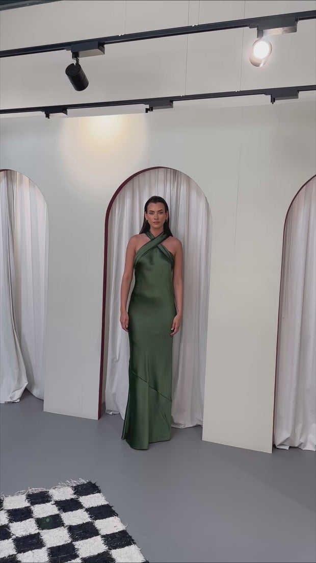 Roma Dress in Olive Green Satin
