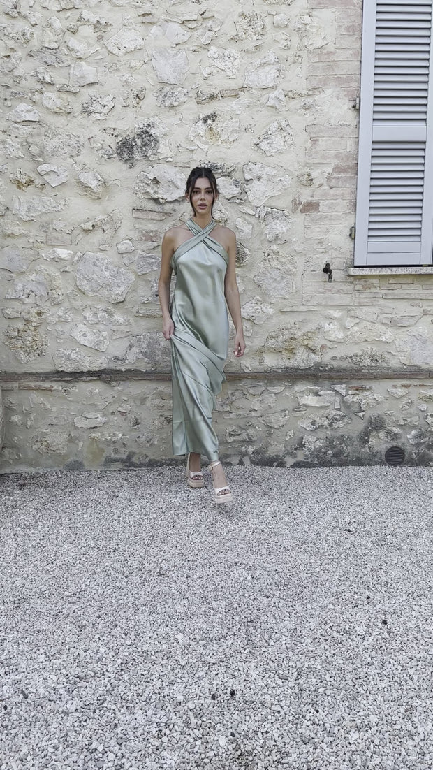 Roma Dress in Sage Green Satin