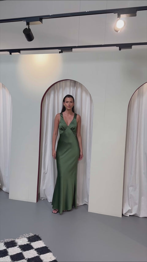 Olive green thick strap v neck satin bridesmaids dress