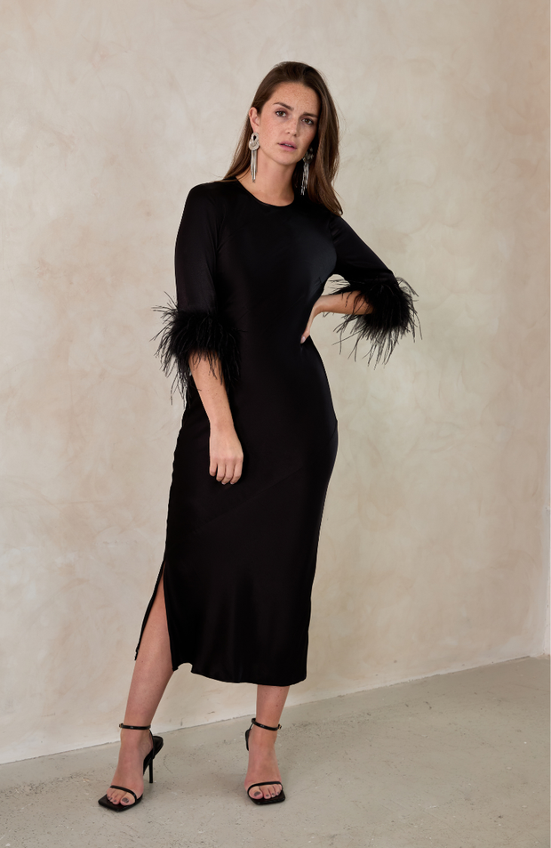 Dolly Feather Sleeve Dress In Black