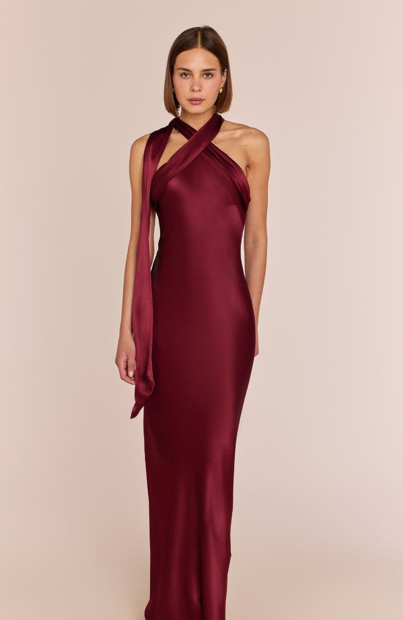 burgundy floor-length satin gowns for bridesmaids