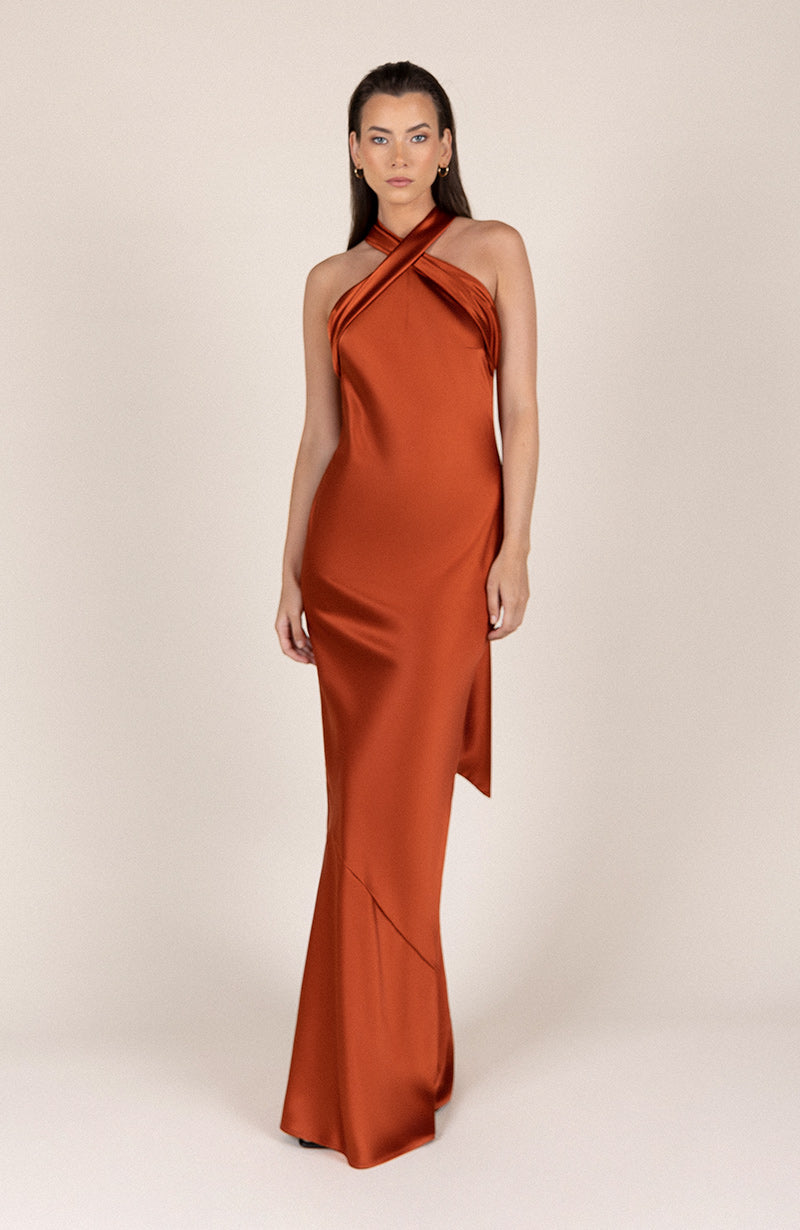 Roma Burnt Orange Bridesmaids Halterneck Dress In Satin