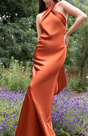 Roma Dress in Burnt Orange Satin