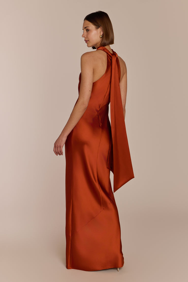 rewritten roma halterneck bridesmaid dress Roma Burnt Orange Satin Bridesmaid Dress | Halterneck Maxi | Sizes 8–22