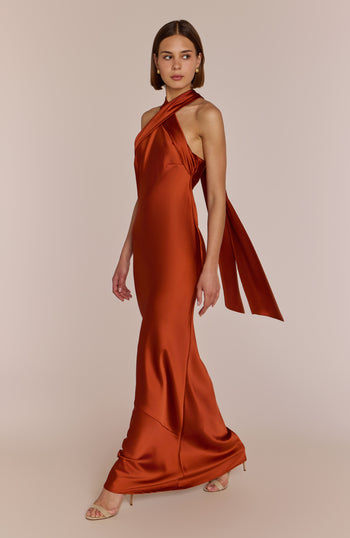Roma Dress in Burnt Orange Satin