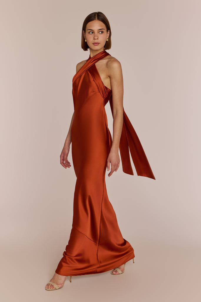 Roma Dress Burnt Satin — Halterneck Maxi Bridesmaid Dress