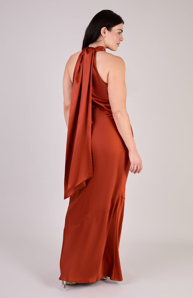 Roma Dress in Burnt Orange Satin