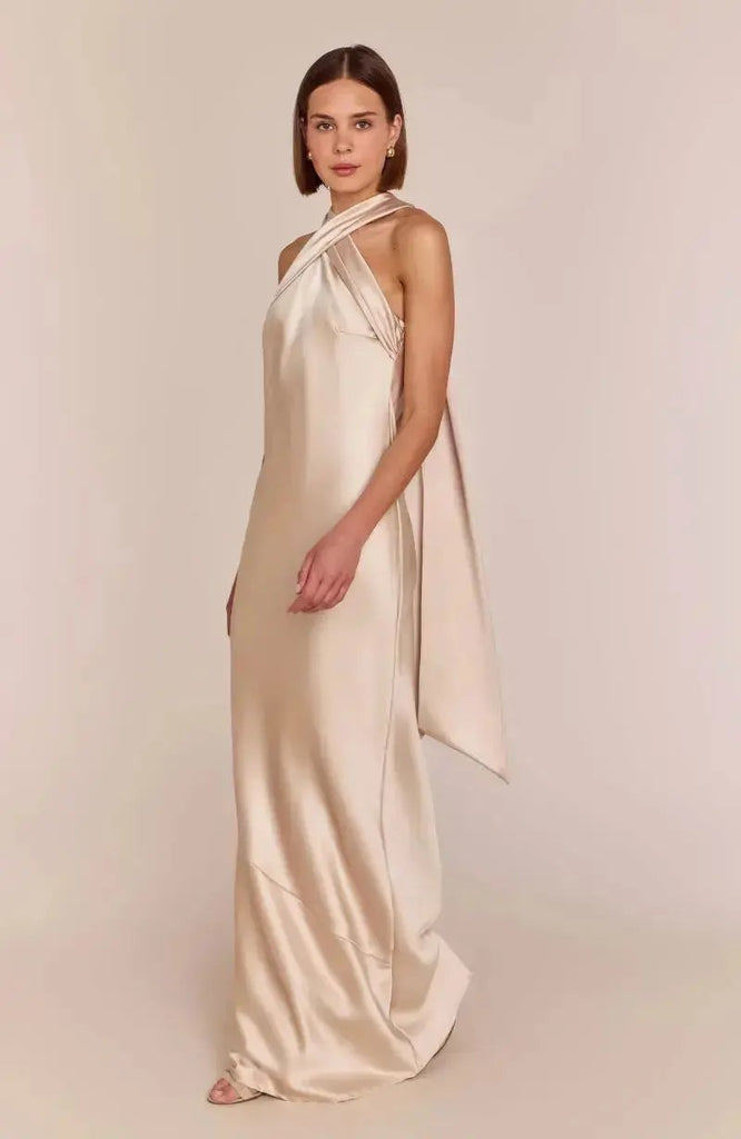 Roma Bridesmaid Dress in Champagne Satin Rewritten – Rewritten