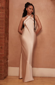 rewritten roma halterneck satin maxi dress product info and reviews Roma Champagne Satin Bridesmaid Dress | Halterneck Maxi | Sizes 822