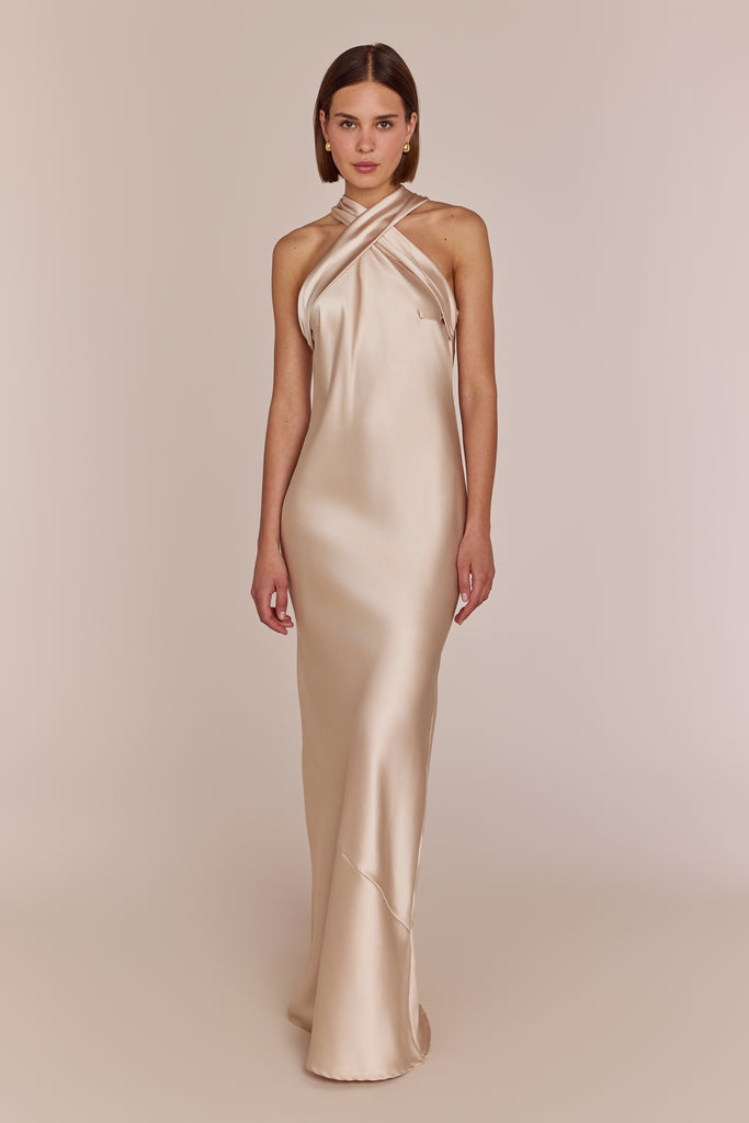 Roma Dress Champagne Satin — Halterneck Maxi Bridesmaid Dress