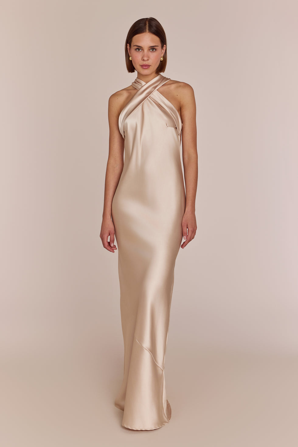 Roma Champagne Satin Bridesmaid Dress | Halterneck Maxi | Sizes 822 | Rewritten Rewritten Roma Champagne Satin Bridesmaid Dress | Halterneck Maxi | Sizes 822 | Rewritten Rewritten