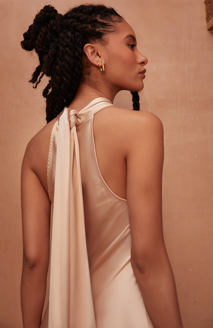 Roma Champagne Satin Bridesmaid Dress | Halterneck Maxi | Sizes 822 |  Rewritten  Rewritten