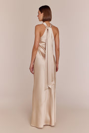 bridesmaid dresses champagne Roma Champagne Satin Bridesmaid Dress | Halterneck Maxi | Sizes 8–22