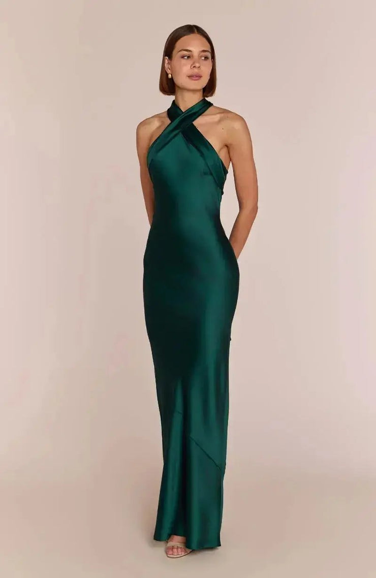 Roma Halterneck Bridesmaids Dress In Forest Green Rewritten