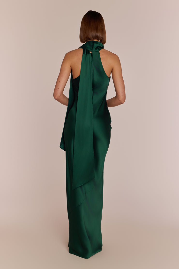 Roma Forest Green Satin Bridesmaid Dress | Halterneck Maxi | Sizes 8–22