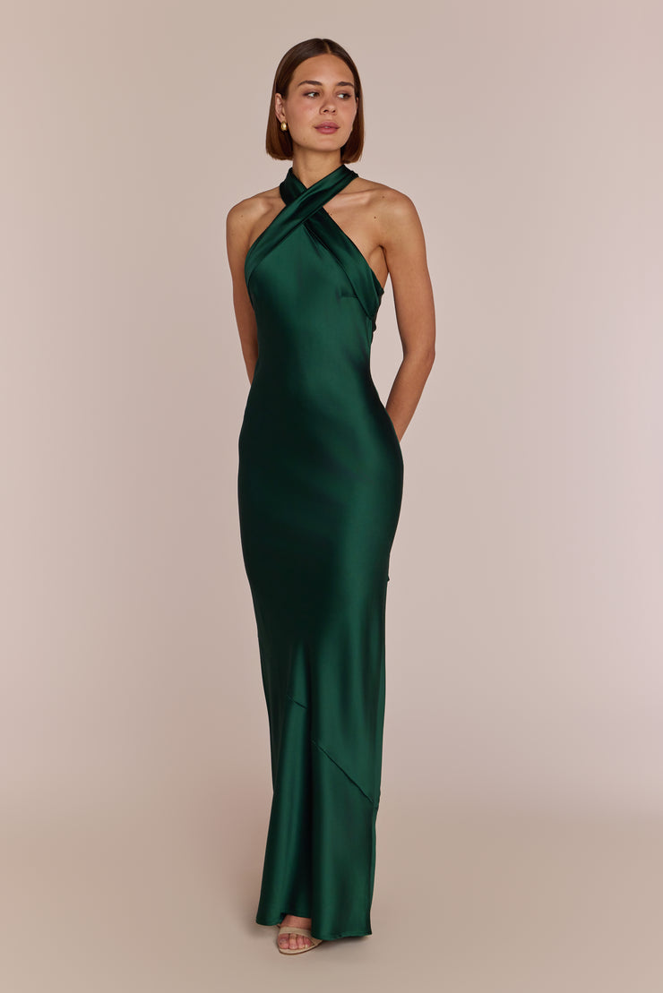 Roma Forest Green Satin Bridesmaid Dress | Halterneck Maxi | Sizes 822 | Rewritten Rewritten Roma Forest Green Satin Bridesmaid Dress | Halterneck Maxi | Sizes 822 | Rewritten Rewritten