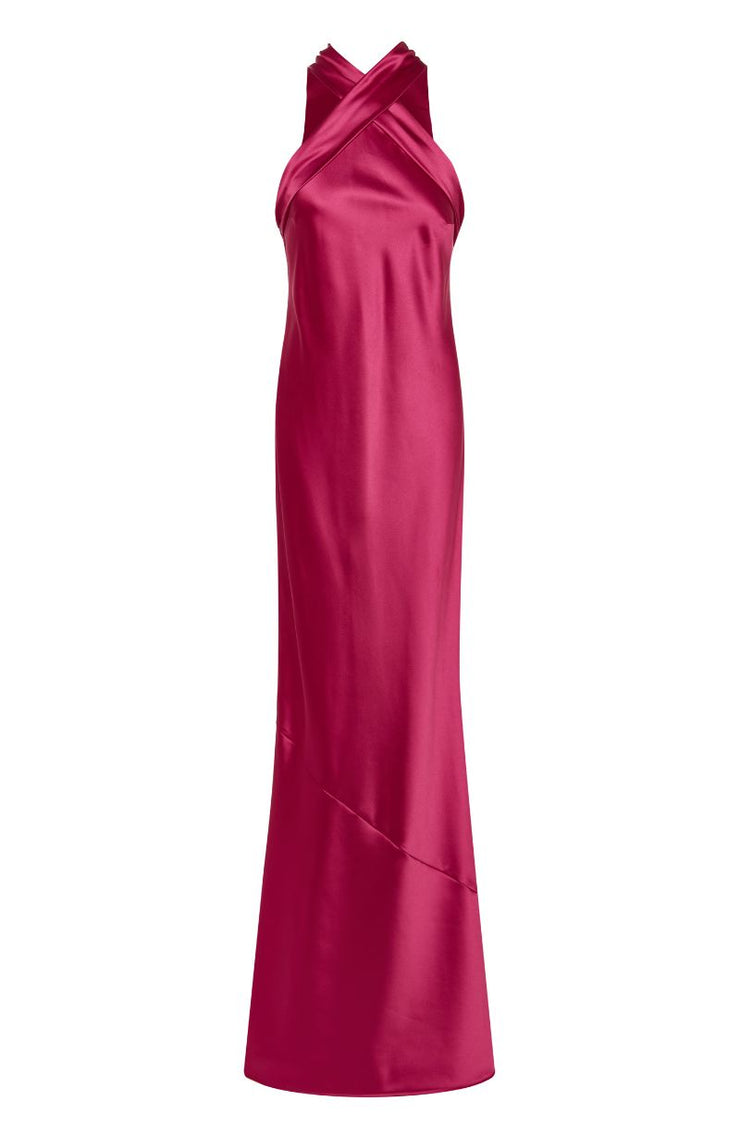 Fuchsia evening gown on a white background
