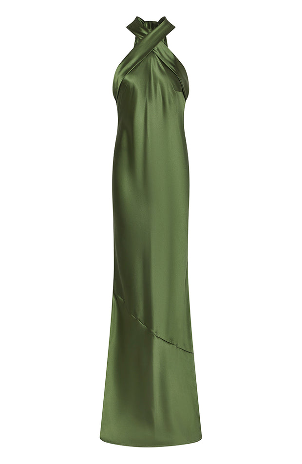 Roma Dress in Olive Green Satin
