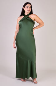 Roma Dress in Olive Green Satin