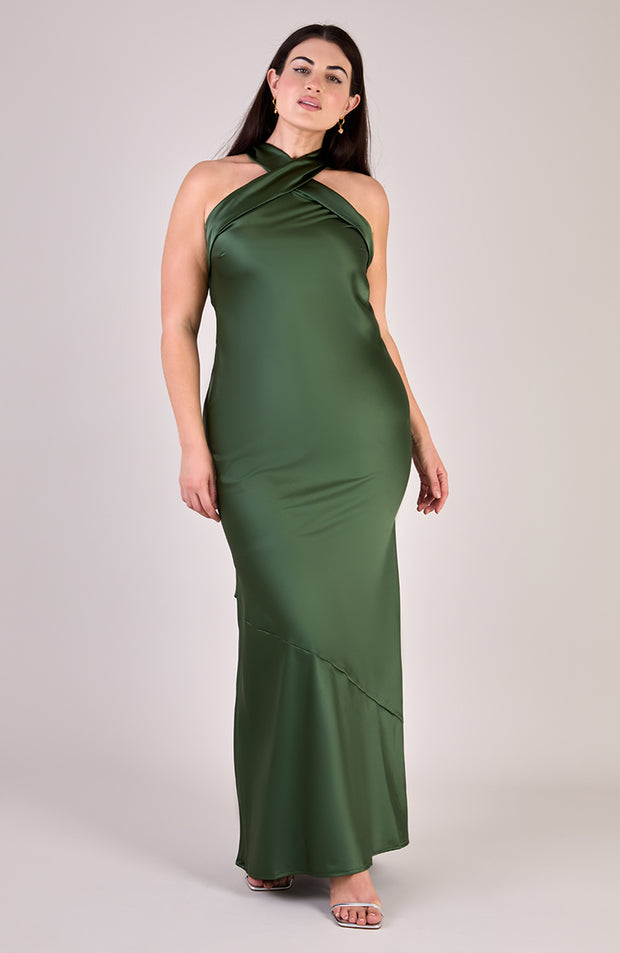 Roma Dress in Olive Green Satin