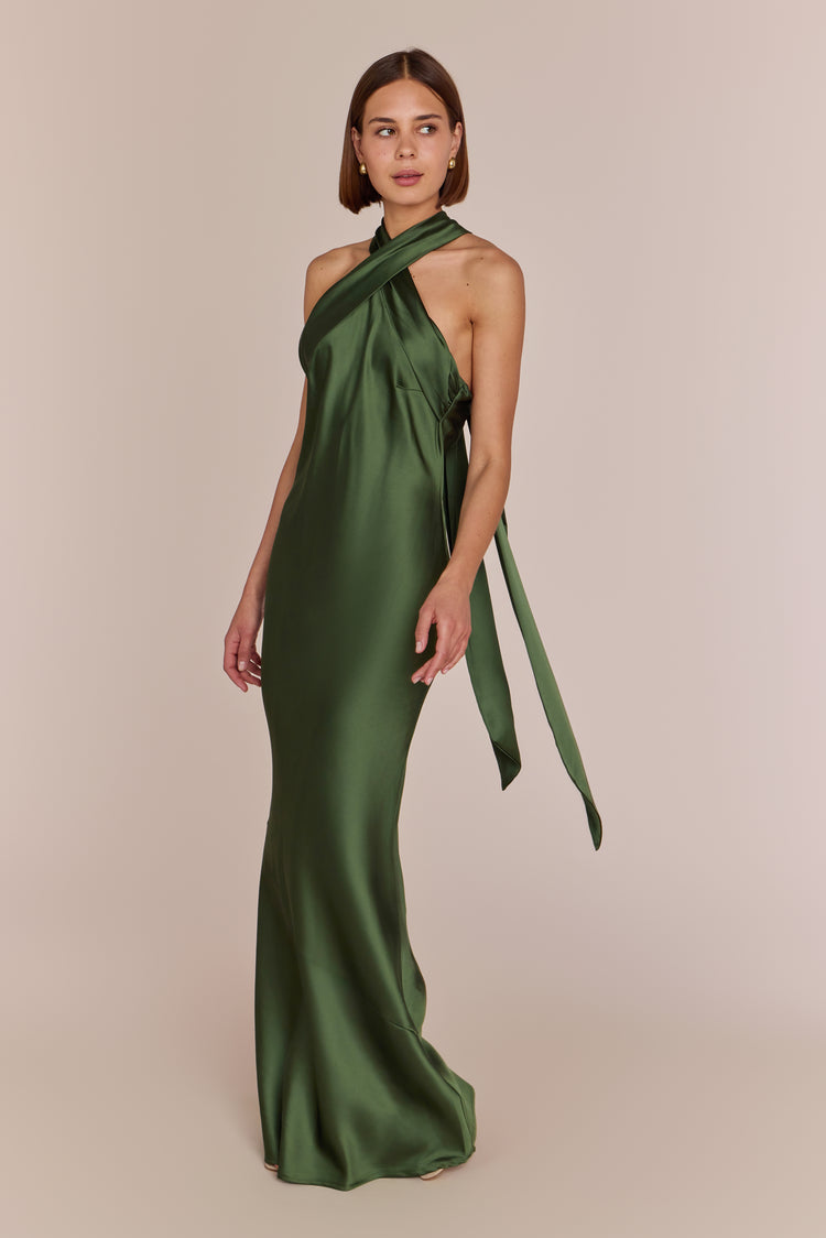 Roma Olive Green Halter Neck Bridesmaid Dress
