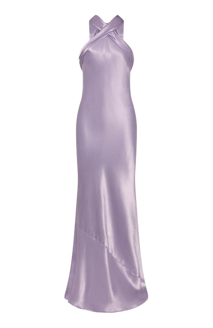 Lavender evening gown on a white background