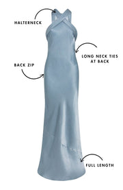 Blue evening gown with labeled features on a white background