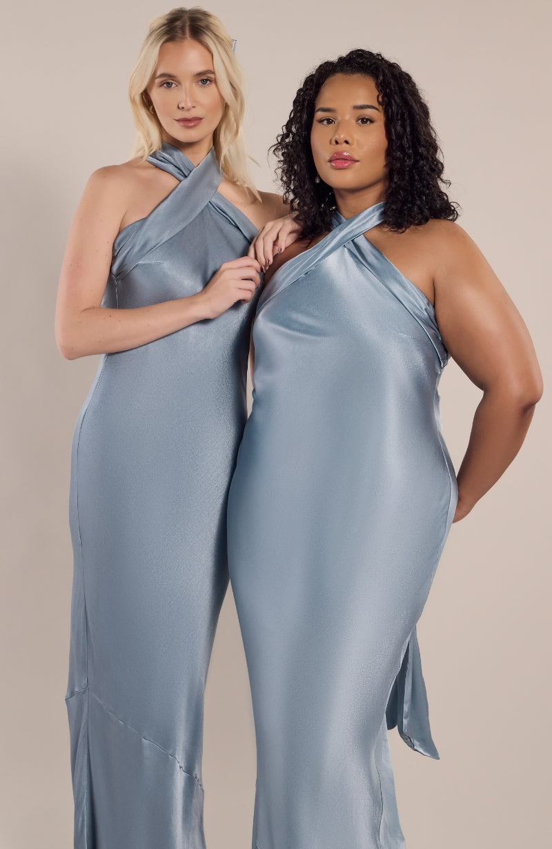 Roma Dress in Pale Blue satin- Rewritten London