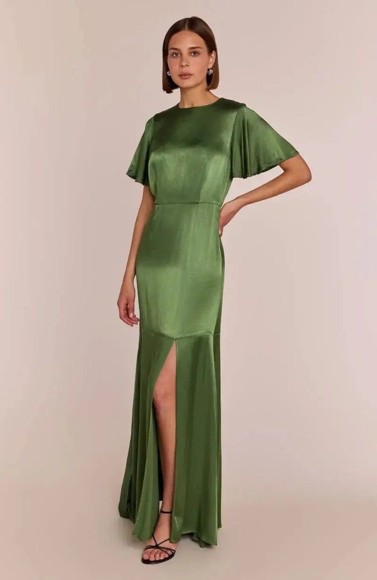 Sienna Dress in Olive Viscose Satin Rewritten London
