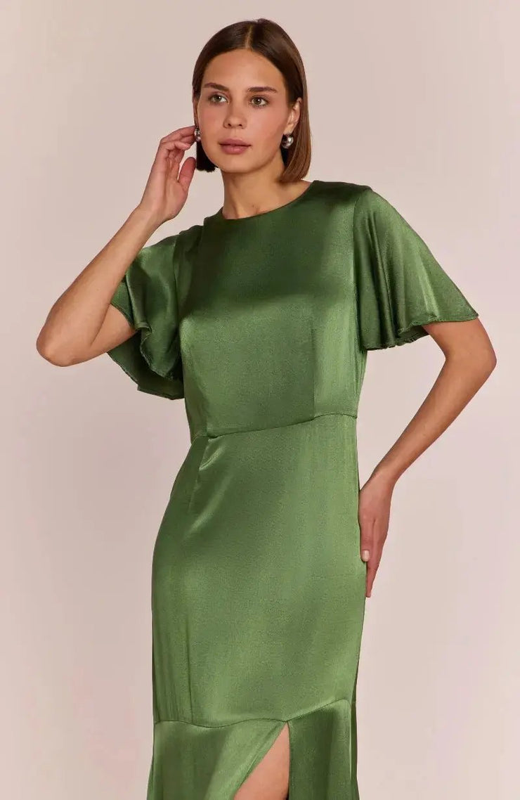Sienna Dress in Olive Viscose Satin Rewritten London
