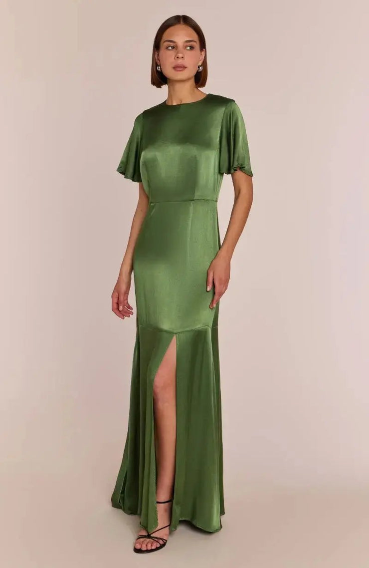 Sienna Dress in Olive Viscose Satin Rewritten London
