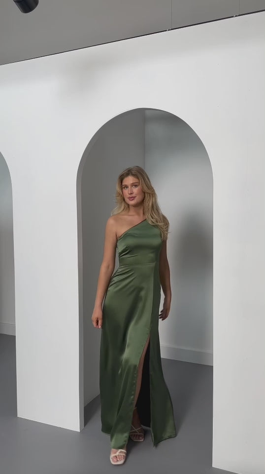 Porto Dress in Olive Green Satin