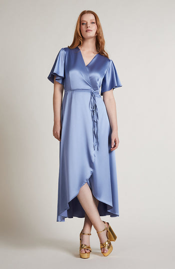 Florence Waterfall Dress In Sky Blue Satin