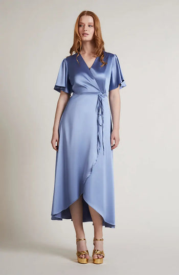 Florence Waterfall Dress In Sky Blue Satin Rewritten London