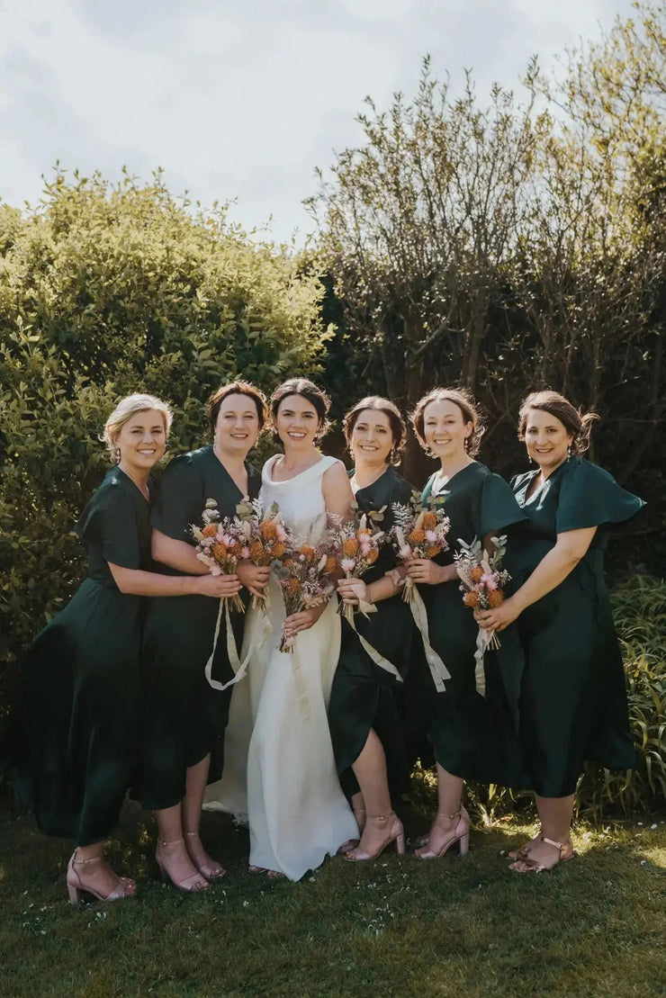 Florence Waterfall Bridesmaids Dress in Forest Green Satin - Rewritten London Florence Waterfall Bridesmaids Dress in Forest Green Satin - Rewritten London