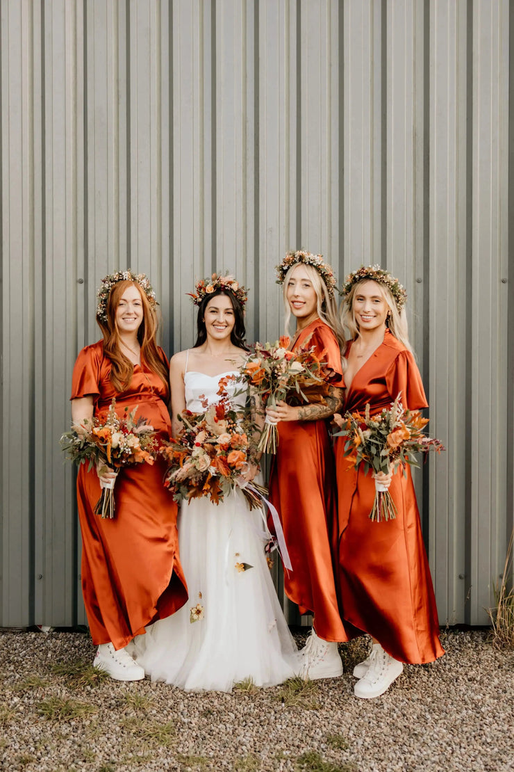 Florence Waterfall Dress in Burnt Orange Satin - Rewritten London Florence Waterfall Dress in Burnt Orange Satin - Rewritten London